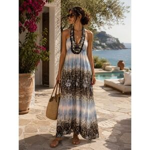 Runway Couture Silk Feel Beaded Halter Maxi Dress Blue Brown Size 10 NWT